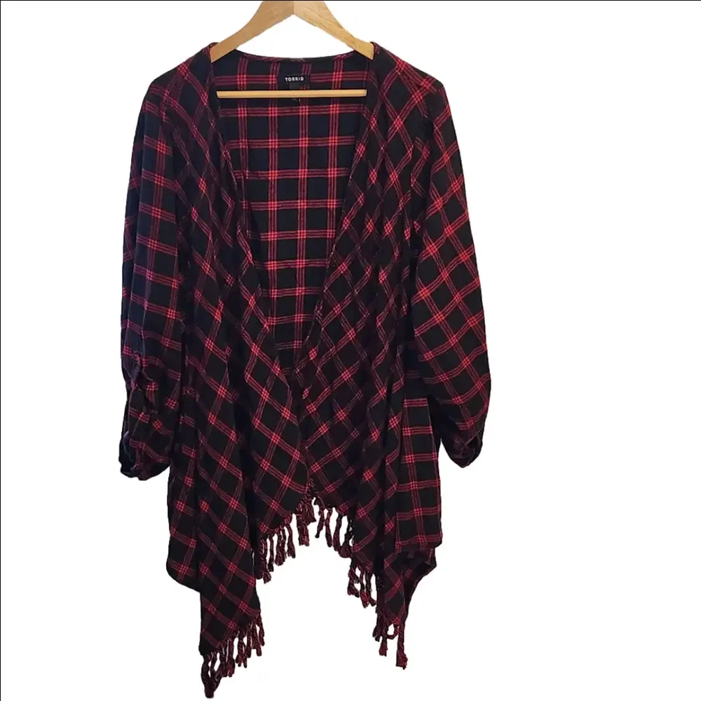 Torrid plus sz Buffalo plaid brushed flannel Drape front kimono sz 5X - Picture 4 of 12